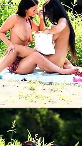Spontaneous lesbian outdoor sex with two horny skinny teens