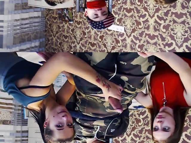 Two pervert teens tie up a guy and jerk off his cock