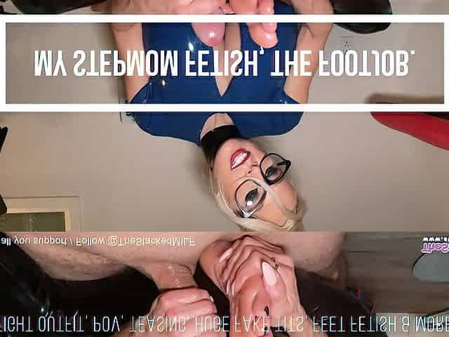 Step-mama use her feet for a footjob, large spunk fountain on toes!