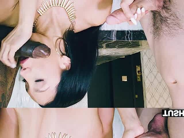 Ravishing exotic babe gets fucked by two monster dongs in MMF