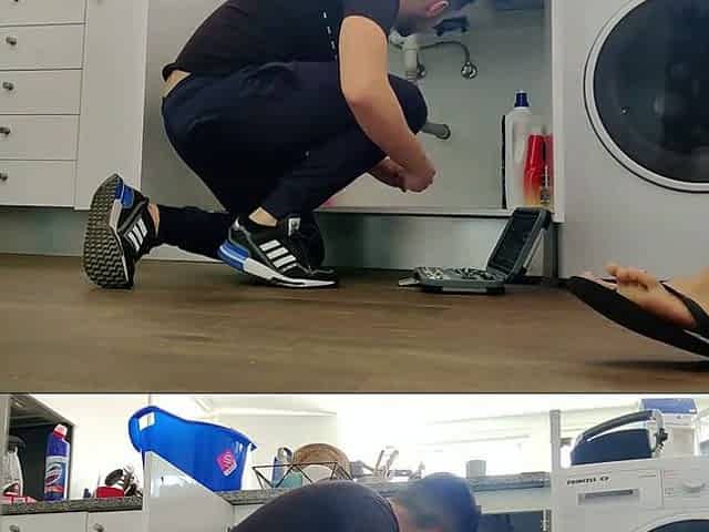 Sexually excited wife screws handyman below the sink