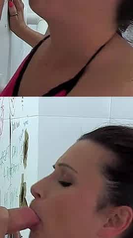 Horny British Brunette Heads to the Gloryhole to Suck Anonymous Cocks and Ends up in a Wild Bukkake Blowbang