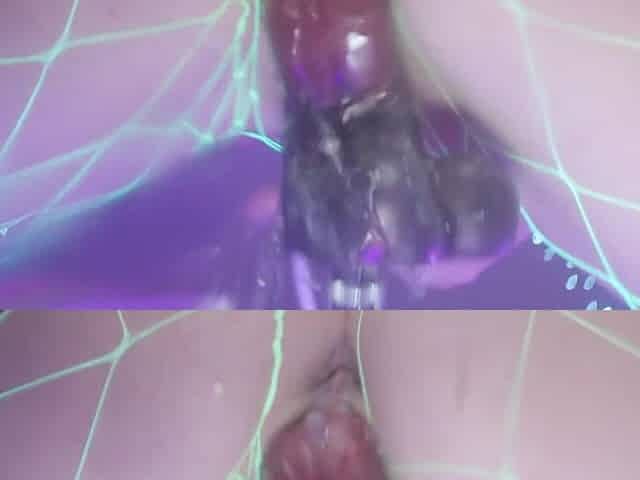 Slutty babe in fishnet pantyhose squirts while penetrating by a fuck machine
