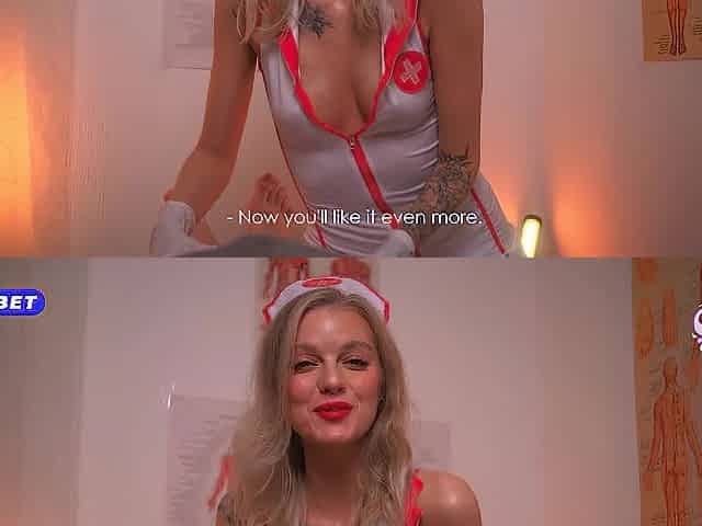 Excited nurse in latex gloves has her own treatment method