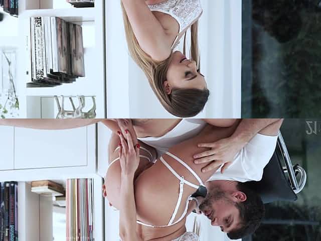 Stunning wife dressed in white lingerie gets fucked by her lover