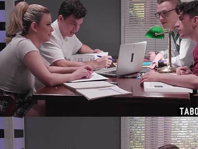 Nasty teen team-fucked by mature dudes with DP in a library