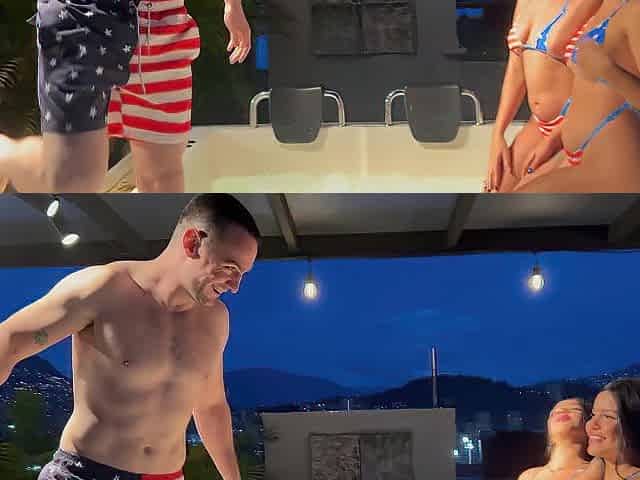 Latin babe Angels Next Door in American Flag Bikinis Have Interracial Three-some with Large Dong White Chap