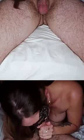 Big tit brunette sucks a big cock blowjob POV