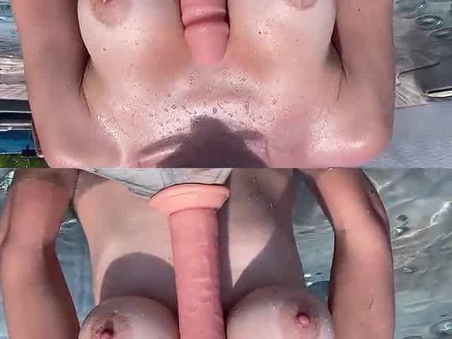 European Stepmom Artemisia Love bare outside in the water playing with her dildo