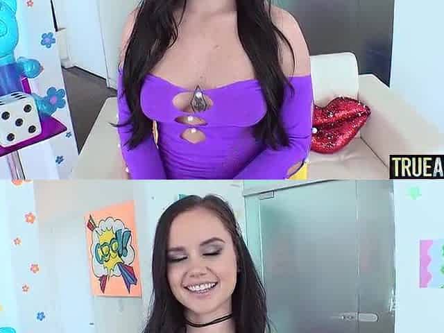 Sexy and sexually excited brunette hair craves her booty drilled and creampied