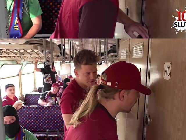 Exciting public porn: gangbang orgy on football fan bus