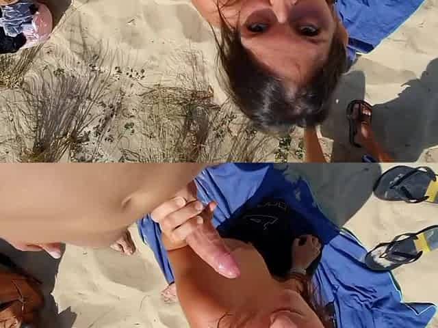 Doxy at beach sucks and swallows in 3some