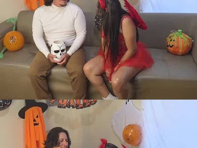 Halloween three-some with the gorgeous, large-booty devil and the immoral witch