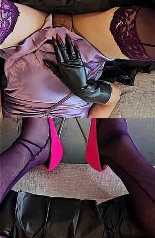 Lola sissy in purple nightie and pink stiletto Talon touches her chastity cage and handsfree