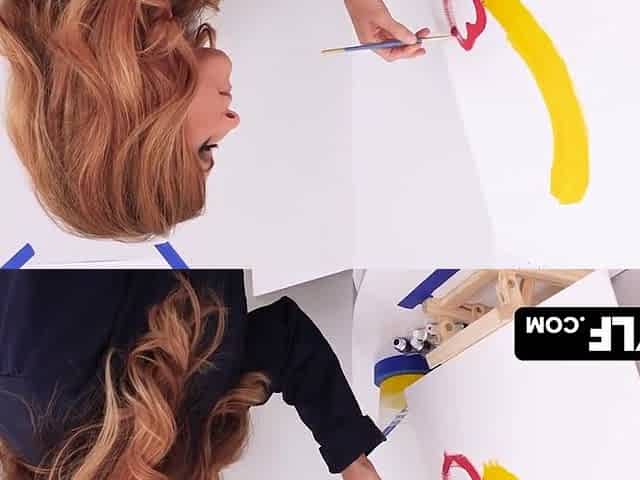 A stunningly attractive mature female artist, amply endowed, entices her unclothed male subject.