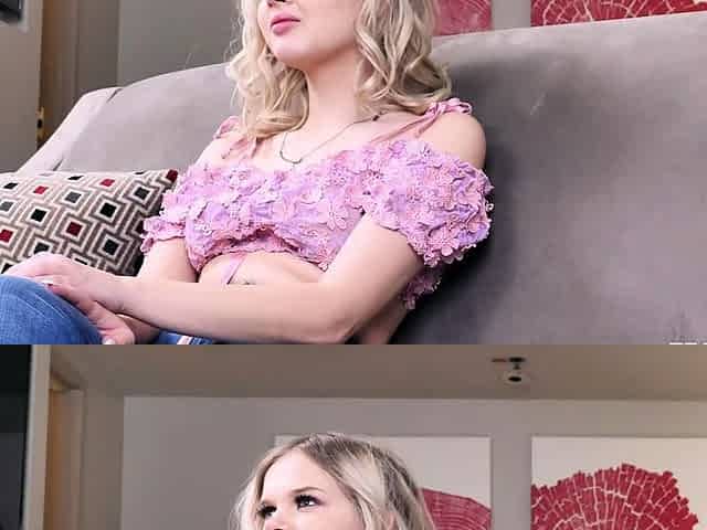 Blonde teen caught her busty stepmom jerking off her BF