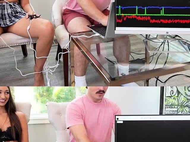 Natural Busty Brunette Fails Lie Detector Sucks Dick And