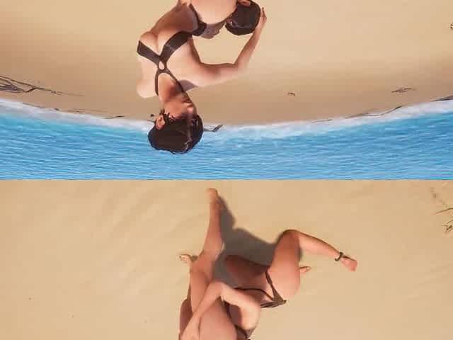 Standing Lesbo Licking Form Back in Beach