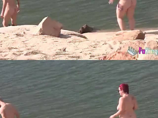 Marie Loves Public Beach Sex - outdoor threesome for redhead PAWG