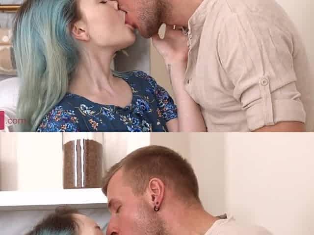 Blue-haired chick indulges in kitchen love