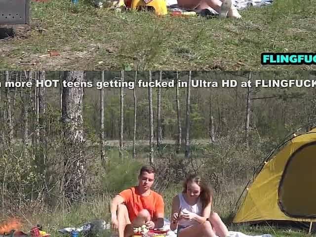 Outdoor teen pair screw intensely by the grill