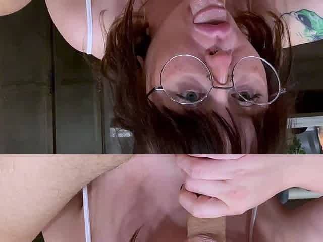 Hot brunette milf with big boobs gives a blowjob