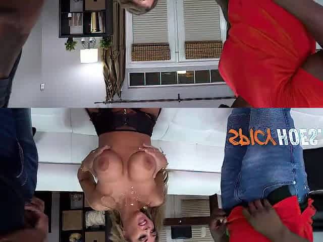 Breasty Golden-haired Doxy Calls Her 2 Ebony Allies To Destroy Her Twat And Butt