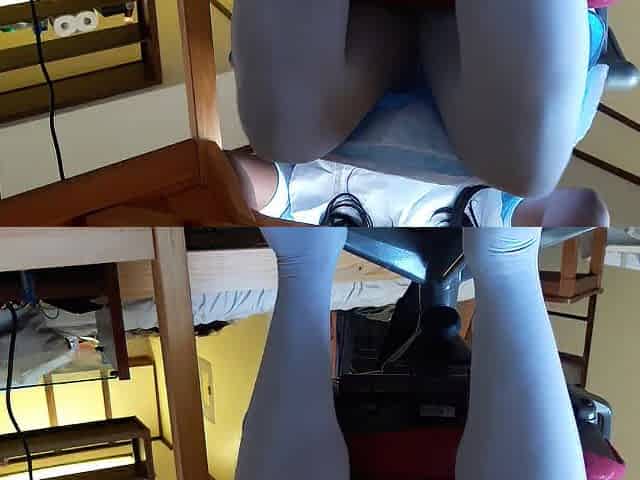 Alice cosplay shoeplay and upskirt underneath desk