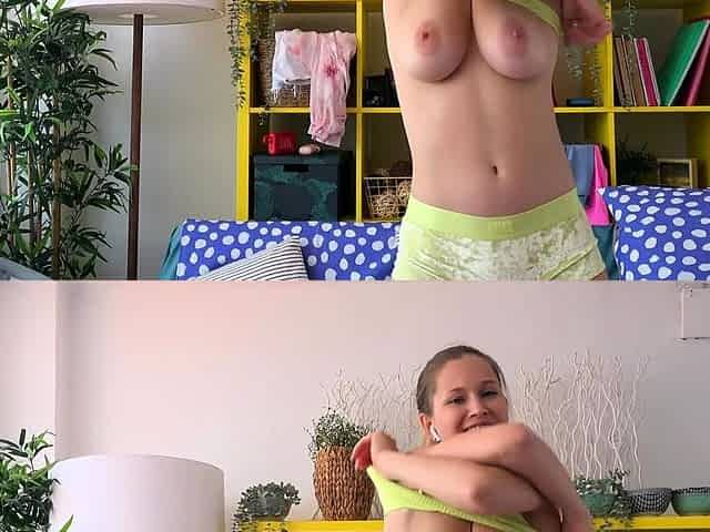 Busty brunette with big boobs rides cock