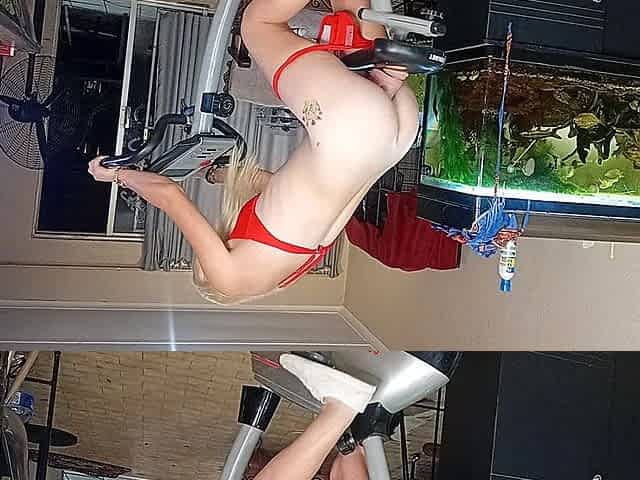 Hot Blonde on Exercise Bike Ride Dildo Until She Squirts