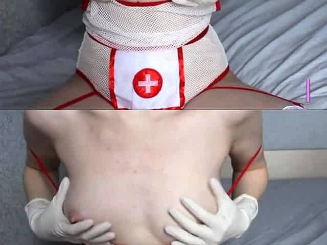 Skinny Russian Nurse in Latex Gloves Plays with Her Pussy