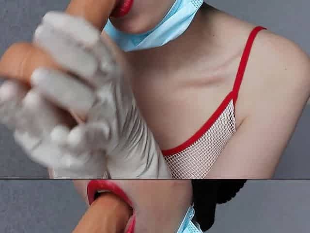 HAWT NURSE DROOLING AND UNFATHOMABLE SUCKING SEXTOY IN MEDICAL WHITE LATEX GLOVES / THROAT FETISH / TUGJOB