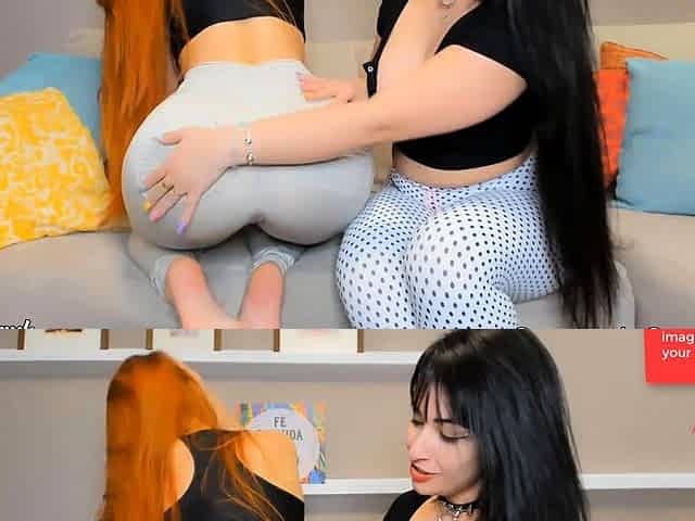 Two hot babes giving you a handjob brunette and redhead