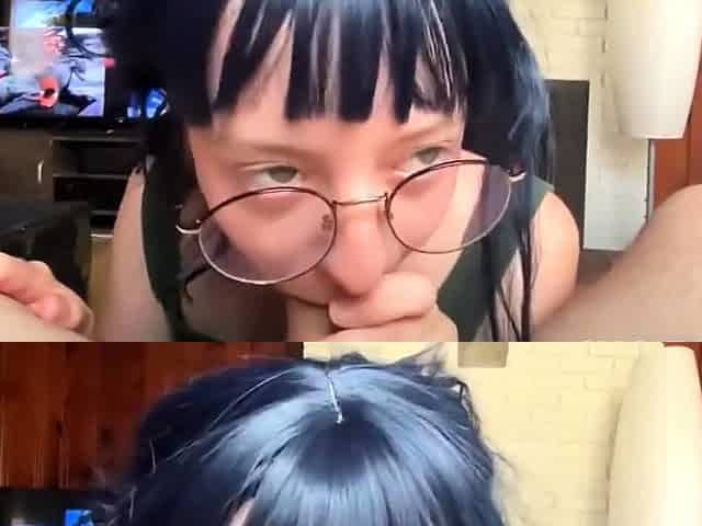 blowjob Naughty Petite Teen in Glasses Sucks her Neighbors B