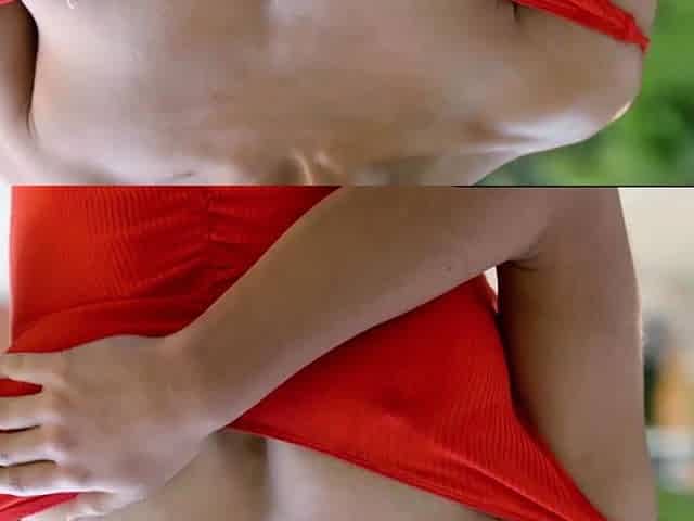 Big boobs Latina beauty strips swimsuit