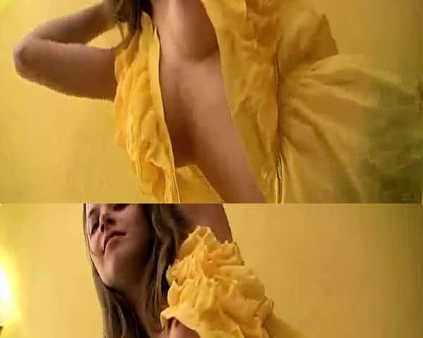 Busty brunette with perky nipples fucks inside big house