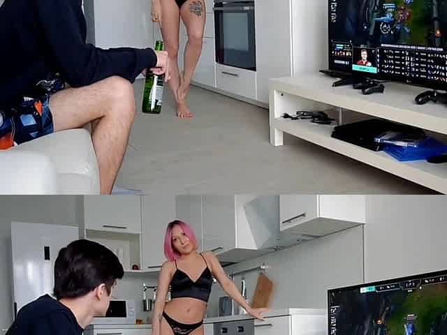 Sexy cosplay sex: getting drilled in front of the TV.