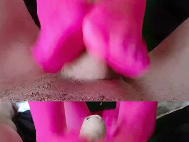 Laura XXX model 2021 footjob and tugjob on pink nylon until that guy cums