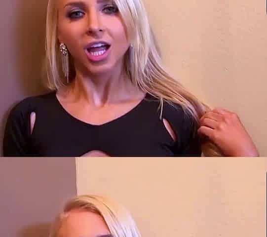 POV glance of a blonde chick with fat baps giving
