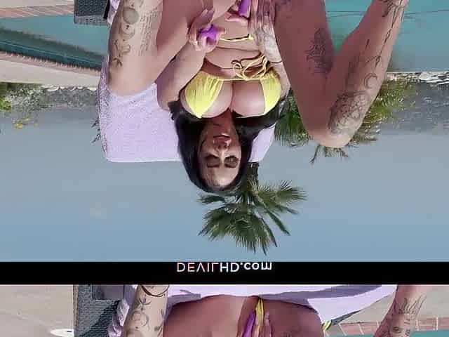 Danae Mari is lounging by the swimming pool in a hot yellow bikini in advance of screw