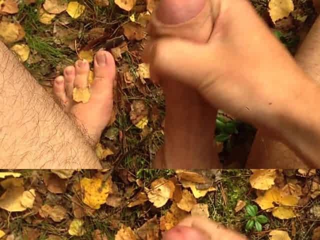 male with a large shlong discharges three streams of cum in the forest
