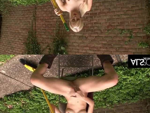 Lewd Blond Teen Sierra Nevadah Bangs Herself with a Broom in the Rain