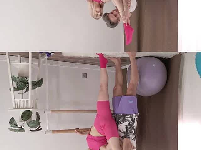 Russians Molly and her teen lover flex their flexibility in sports shorts while socking up