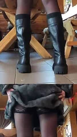 Elegant Fur-coated Slut Fucked on a Wooden Table and Covered in Cum Twice