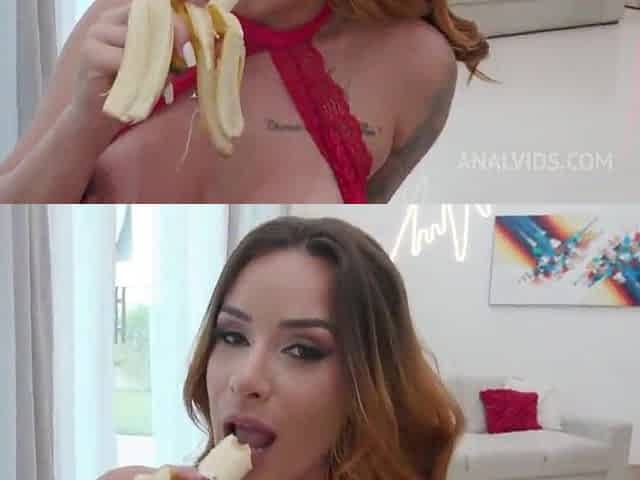 Breasty naughty Latin chick DPed and DAPed, pukes and spurts milk from butt
