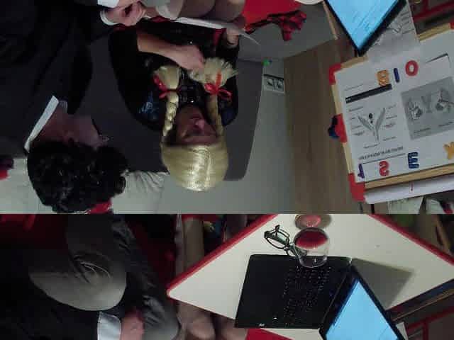 Russian golden-haired hair student bangs during lesson of anatomy - part 1