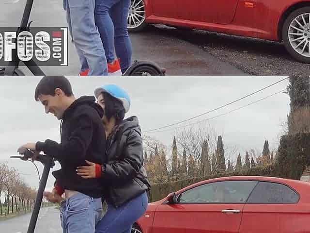 Megan Fiore jerks off Jordi ENP while riding an electric scooter down an empty road