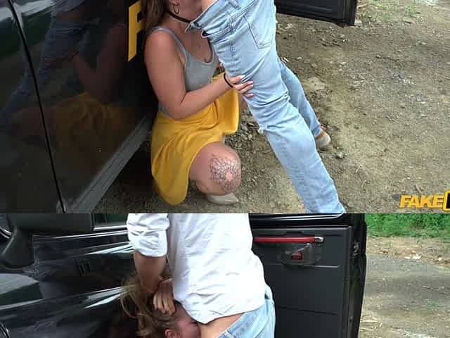A sexy girl has fun with her boyfriend in their car.