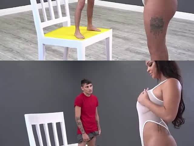she plays with huge boobs while tiny guy jerks off on her