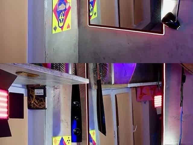 Angel in a glamorous suit striptease in front of the mirror